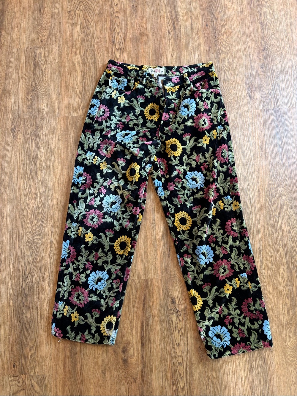 Stussy Black Floral Velvet Pants with Multicolor Blooms